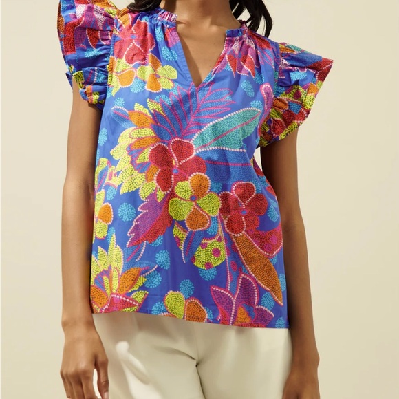 Amazonia Blue Risette Ruffle Cap Sleeve Split Neck Top. - Picture 4 of 7